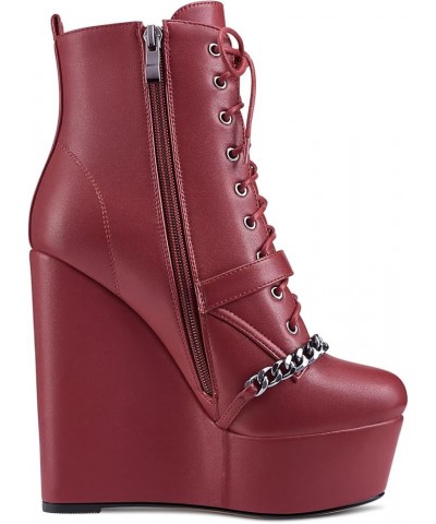 Women High Heel Platform 5.9 Inches Heels Wedge Round Toe Ankle Boots Short Bootie Zipper Lace-up Metal Chain Boots Burgundy ...