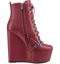 Women High Heel Platform 5.9 Inches Heels Wedge Round Toe Ankle Boots Short Bootie Zipper Lace-up Metal Chain Boots Burgundy ...