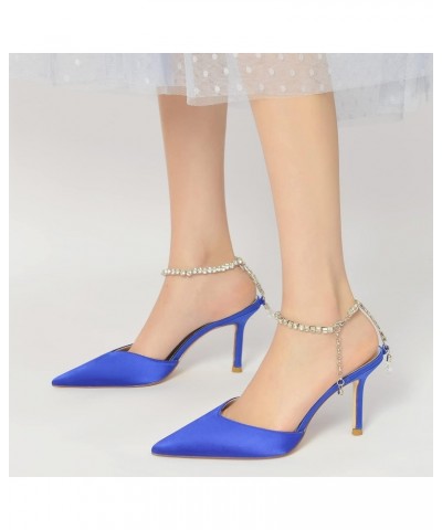 Women's Rhinestone Ankle Strap Heeled Sandals Pointy Toe Stilettos High Heels Pumps Satin Slingback Wedding Bridal Dress Shoe...