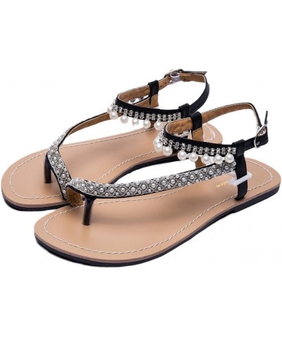 2023 Women`S Summer Beach Pearl Sandals Lady Flat Boho Slippers Female Thong Flip Flops Shoes Peep Toe Plus Size Black 7 $23....