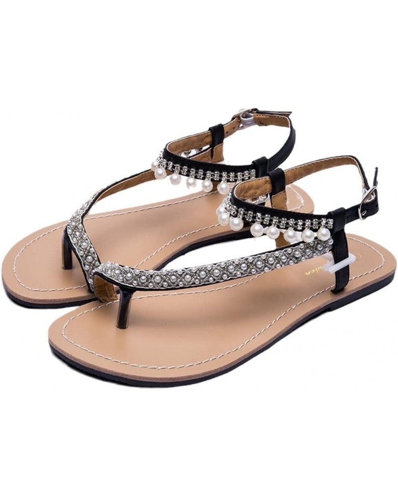 2023 Women`S Summer Beach Pearl Sandals Lady Flat Boho Slippers Female Thong Flip Flops Shoes Peep Toe Plus Size Black 7 $23....