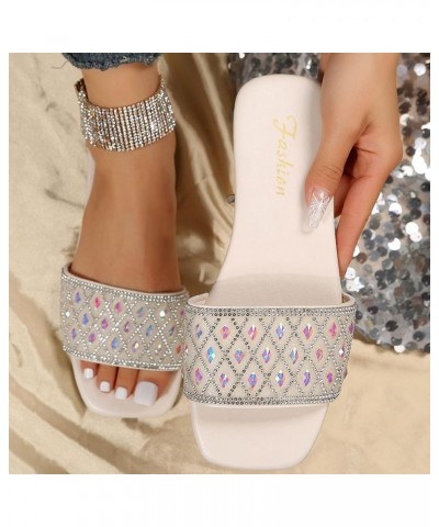 Women Summer Slip On Solid Casual Open Toe Rhinestone Flat Soft Bottom Breathable Shoes Sandals Womens Spa Slippers (Beige, 8...