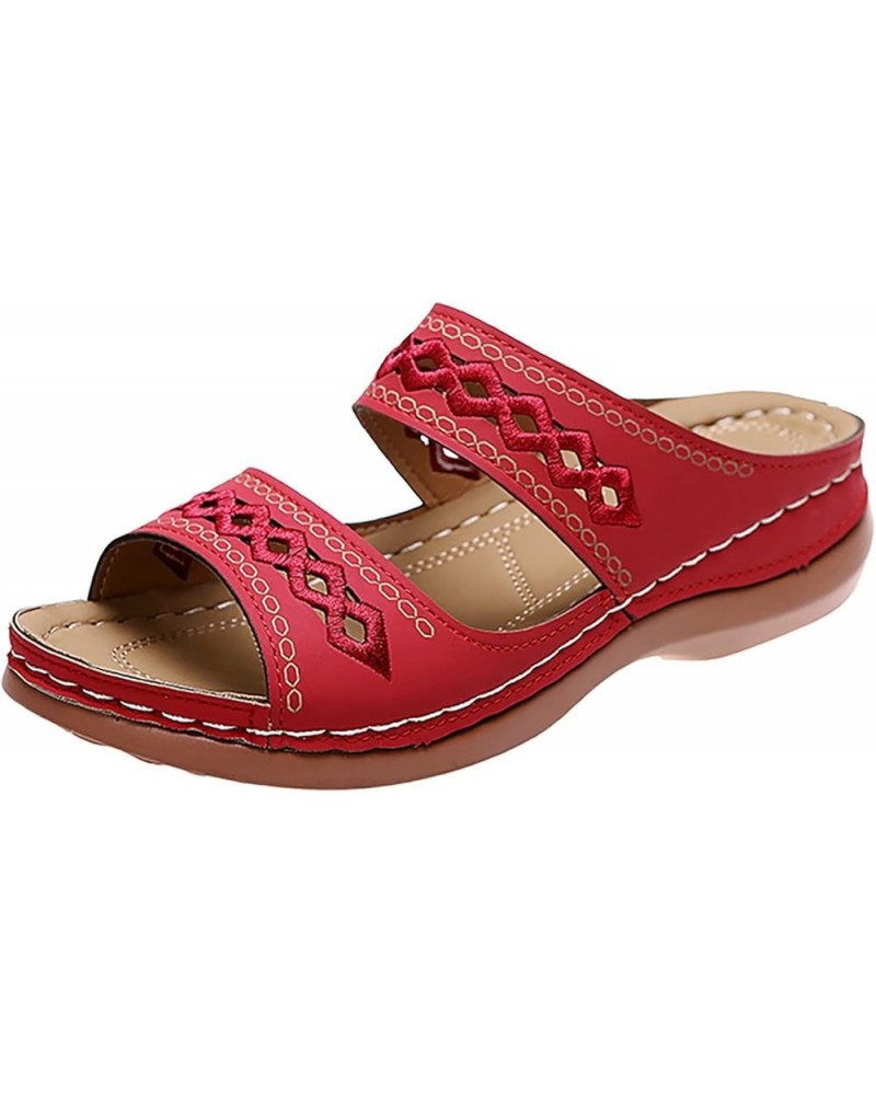 Women Sandals Dressy Summer Solid Color Slip On Open Toe Wedges Sandals Double Strap Breathable Slippers Red $9.51 Outdoor Shoes