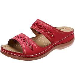 Women Sandals Dressy Summer Solid Color Slip On Open Toe Wedges Sandals Double Strap Breathable Slippers Red $9.51 Outdoor Shoes