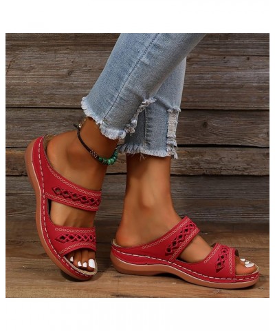 Women Sandals Dressy Summer Solid Color Slip On Open Toe Wedges Sandals Double Strap Breathable Slippers Red $9.51 Outdoor Shoes