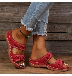 Women Sandals Dressy Summer Solid Color Slip On Open Toe Wedges Sandals Double Strap Breathable Slippers Red $9.51 Outdoor Shoes