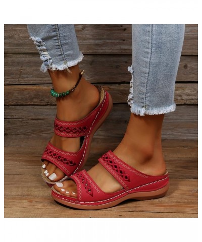 Women Sandals Dressy Summer Solid Color Slip On Open Toe Wedges Sandals Double Strap Breathable Slippers Red $9.51 Outdoor Shoes