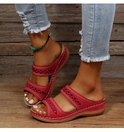 Women Sandals Dressy Summer Solid Color Slip On Open Toe Wedges Sandals Double Strap Breathable Slippers Red $9.51 Outdoor Shoes