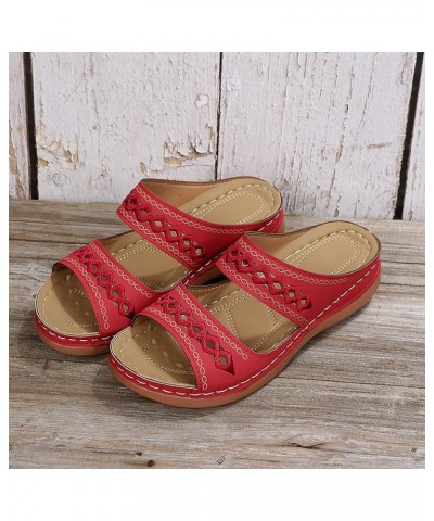 Women Sandals Dressy Summer Solid Color Slip On Open Toe Wedges Sandals Double Strap Breathable Slippers Red $9.51 Outdoor Shoes