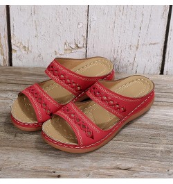 Women Sandals Dressy Summer Solid Color Slip On Open Toe Wedges Sandals Double Strap Breathable Slippers Red $9.51 Outdoor Shoes