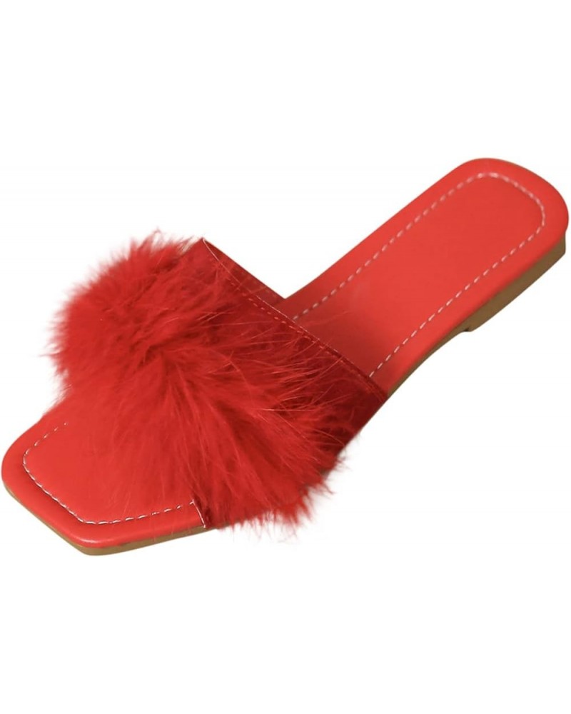 Fashion Spring Summer Women Slippers Flat Sole Lightweight Open Toe Comfortable Fluffy Casual Women's Slippers Red $12.35 Boots