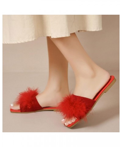 Fashion Spring Summer Women Slippers Flat Sole Lightweight Open Toe Comfortable Fluffy Casual Women's Slippers Red $12.35 Boots