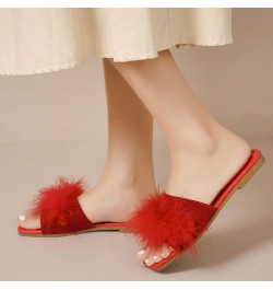 Fashion Spring Summer Women Slippers Flat Sole Lightweight Open Toe Comfortable Fluffy Casual Women's Slippers Red $12.35 Boots