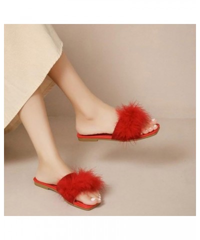 Fashion Spring Summer Women Slippers Flat Sole Lightweight Open Toe Comfortable Fluffy Casual Women's Slippers Red $12.35 Boots