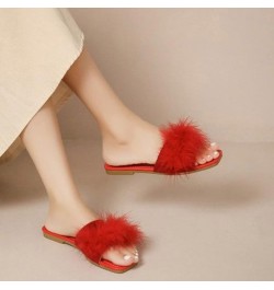 Fashion Spring Summer Women Slippers Flat Sole Lightweight Open Toe Comfortable Fluffy Casual Women's Slippers Red $12.35 Boots