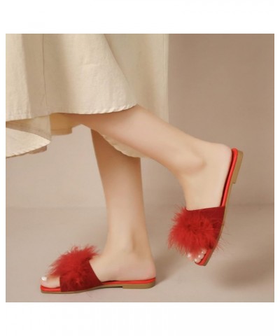 Fashion Spring Summer Women Slippers Flat Sole Lightweight Open Toe Comfortable Fluffy Casual Women's Slippers Red $12.35 Boots