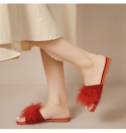 Fashion Spring Summer Women Slippers Flat Sole Lightweight Open Toe Comfortable Fluffy Casual Women's Slippers Red $12.35 Boots