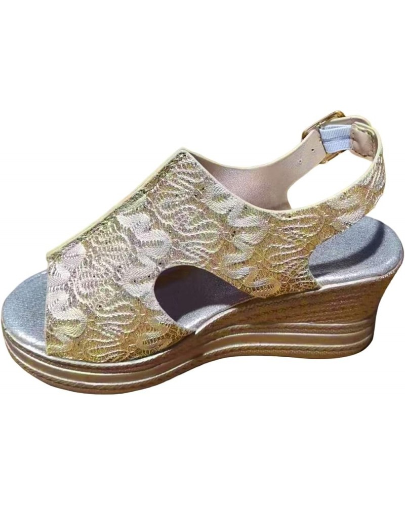 Sandals with Heels for Women Wedge Sandals For Women Platform Wedge Sandals Buckle Ankle Strap Sandals Women Bling Gold $15.7...