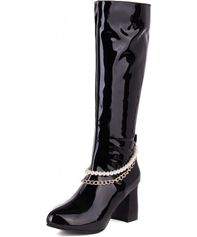 Women's Gogo Boots Knee High Chunky Heels Patent Leather Boots Side Zip High Block Heeled Long Boots With Chain Black $31.91 ...