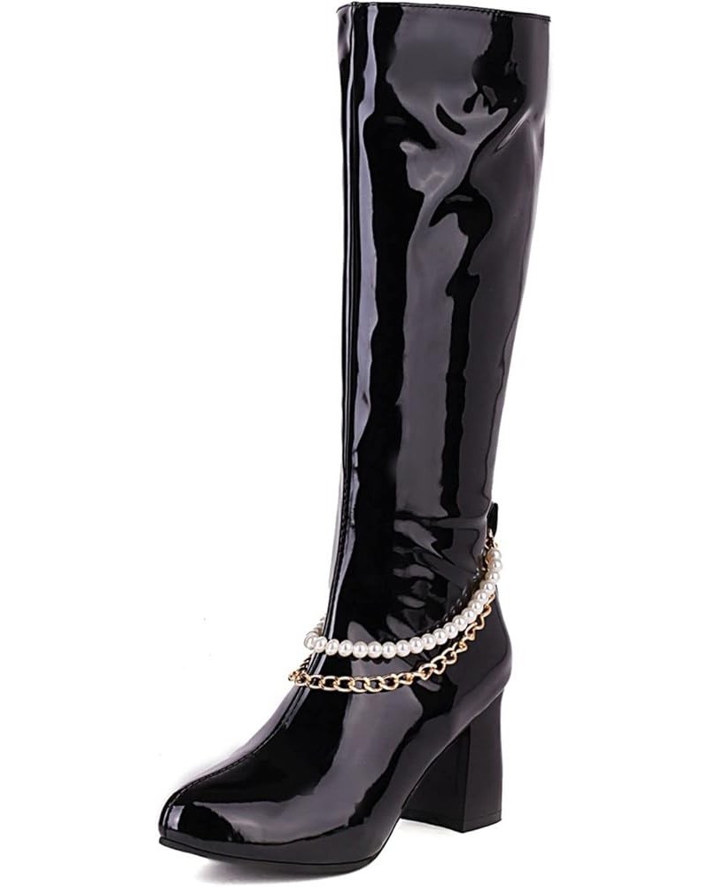 Women's Gogo Boots Knee High Chunky Heels Patent Leather Boots Side Zip High Block Heeled Long Boots With Chain Black $31.91 ...