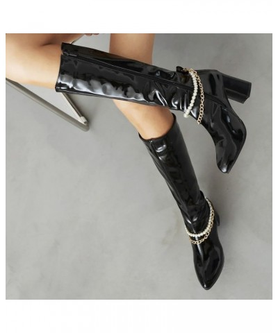 Women's Gogo Boots Knee High Chunky Heels Patent Leather Boots Side Zip High Block Heeled Long Boots With Chain Black $31.91 ...