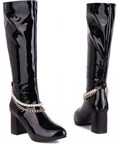 Women's Gogo Boots Knee High Chunky Heels Patent Leather Boots Side Zip High Block Heeled Long Boots With Chain Black $31.91 ...