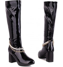 Women's Gogo Boots Knee High Chunky Heels Patent Leather Boots Side Zip High Block Heeled Long Boots With Chain Black $31.91 ...