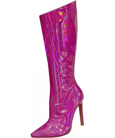 Boots for Women, Women's Reflective Leather Over The Knee Boots Stiletto Heels Snow Boots Comfortable Elegant Shoes Hot Pink ...