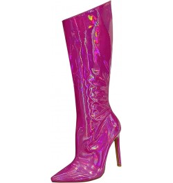 Boots for Women, Women's Reflective Leather Over The Knee Boots Stiletto Heels Snow Boots Comfortable Elegant Shoes Hot Pink ...