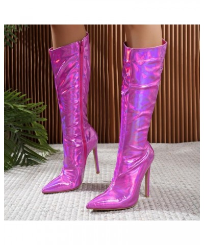 Boots for Women, Women's Reflective Leather Over The Knee Boots Stiletto Heels Snow Boots Comfortable Elegant Shoes Hot Pink ...