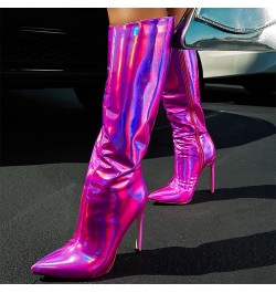 Boots for Women, Women's Reflective Leather Over The Knee Boots Stiletto Heels Snow Boots Comfortable Elegant Shoes Hot Pink ...