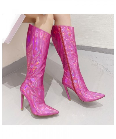 Boots for Women, Women's Reflective Leather Over The Knee Boots Stiletto Heels Snow Boots Comfortable Elegant Shoes Hot Pink ...