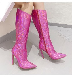 Boots for Women, Women's Reflective Leather Over The Knee Boots Stiletto Heels Snow Boots Comfortable Elegant Shoes Hot Pink ...