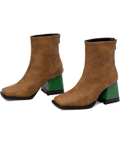 Women's Square Toe Zipper Booties Chunky Heel Ankle Boots Short Boots Brown $30.20 Boots