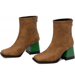 Women's Square Toe Zipper Booties Chunky Heel Ankle Boots Short Boots Brown $30.20 Boots