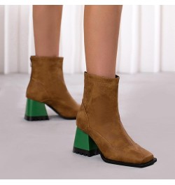 Women's Square Toe Zipper Booties Chunky Heel Ankle Boots Short Boots Brown $30.20 Boots