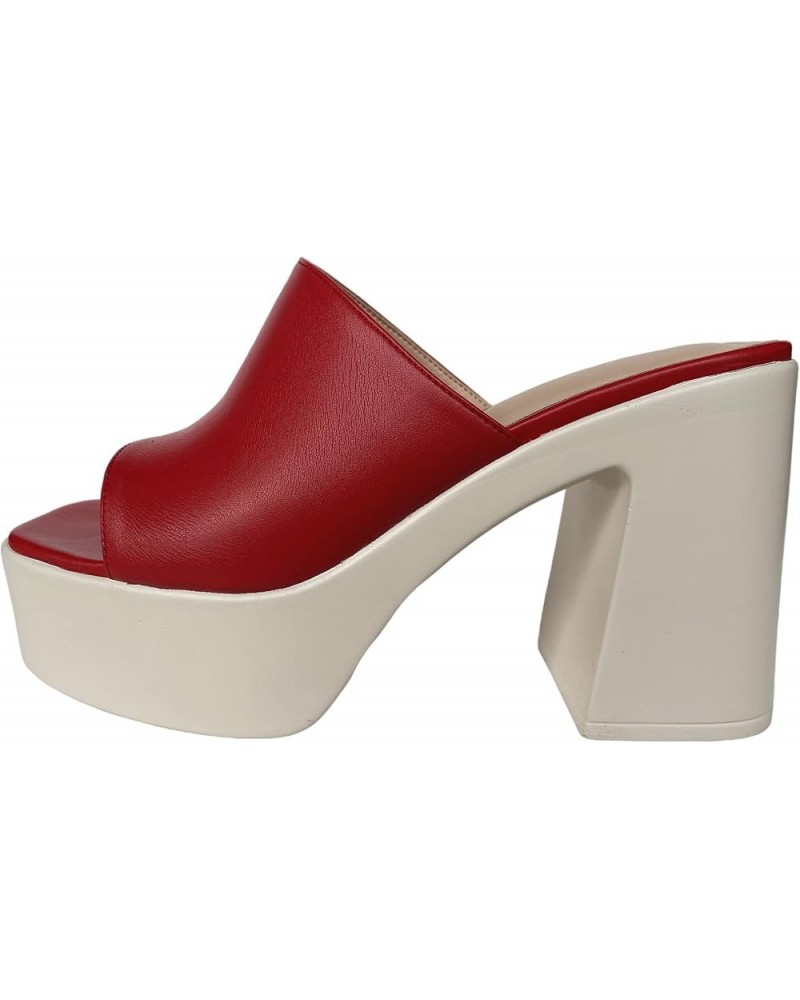 Women's Simple Comfy Square Open Toe Platform Chunky High Heel Slippers Slides Shoes Red $28.19 Slippers