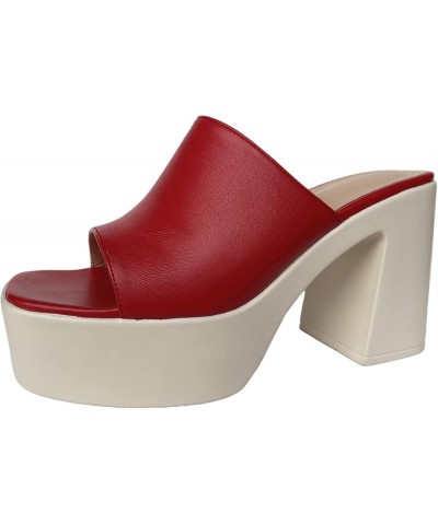 Women's Simple Comfy Square Open Toe Platform Chunky High Heel Slippers Slides Shoes Red $28.19 Slippers