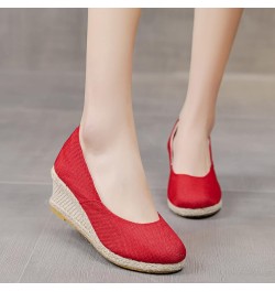 Wedges Round Comfortable Sandals Summer Toe Breathable Shoes Beach Fashion Women Slip-On Sneaker Sandals for Women Wedge Red ...