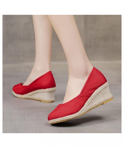 Wedges Round Comfortable Sandals Summer Toe Breathable Shoes Beach Fashion Women Slip-On Sneaker Sandals for Women Wedge Red ...