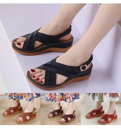 Women Sandals Fashion Summer New Pattern Simple Solid Color Buckle Strap Sandals Wedge Comfortable Casual Roman Sandals Cat S...