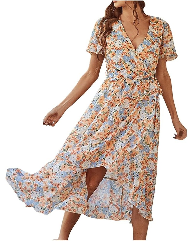 Women's Floral Print Boho Dress Wrap V Neck Ruffle Belted A Line Flowy Maxi Dresses Beige- Dresses for Women 2024 Elegant $11...