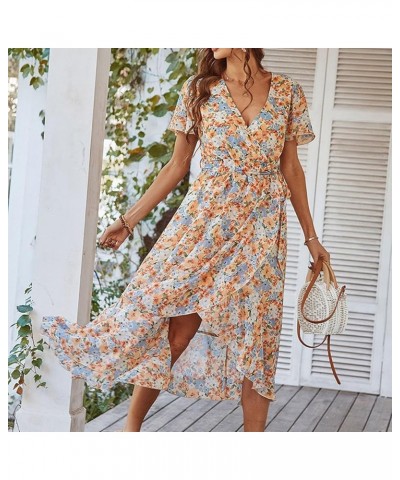 Women's Floral Print Boho Dress Wrap V Neck Ruffle Belted A Line Flowy Maxi Dresses Beige- Dresses for Women 2024 Elegant $11...