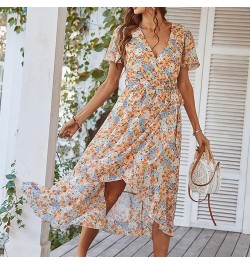 Women's Floral Print Boho Dress Wrap V Neck Ruffle Belted A Line Flowy Maxi Dresses Beige- Dresses for Women 2024 Elegant $11...