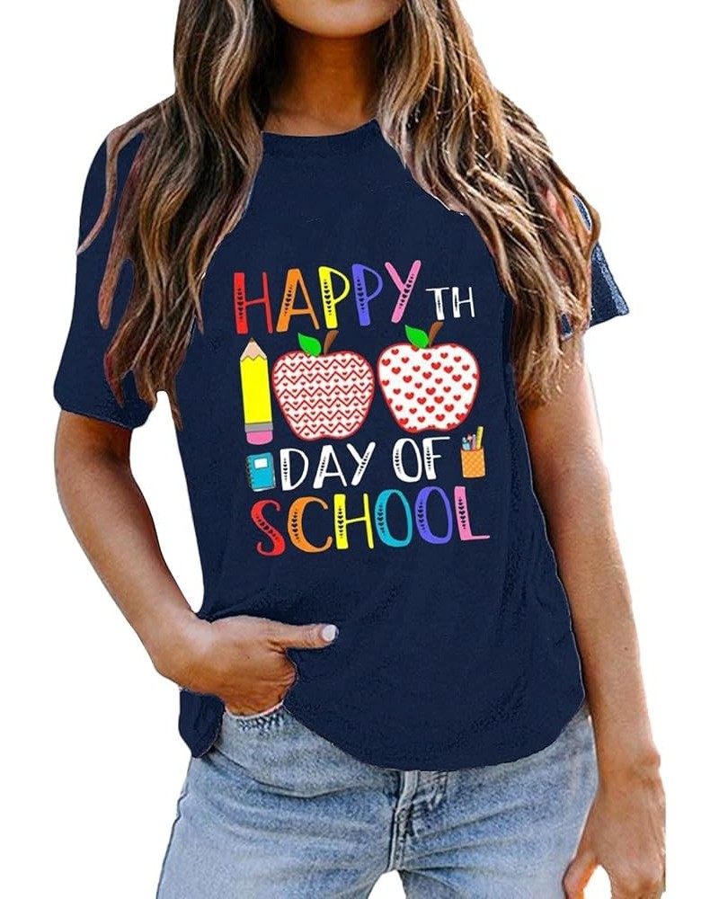 Womens 100th Day of School Teacher Shirt Happy Women Casual Fashion T Shirt Letter Print Teach Short Sleeve Top Blue $10.84 A...