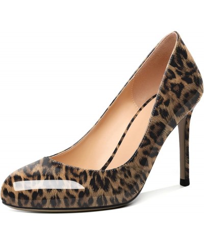 Women Casual Patent Round Toe Pumps Stiletto High Heel Slip On Evening Wedding Dress Shoes 3.4 Inch Leopard $26.64 Pumps