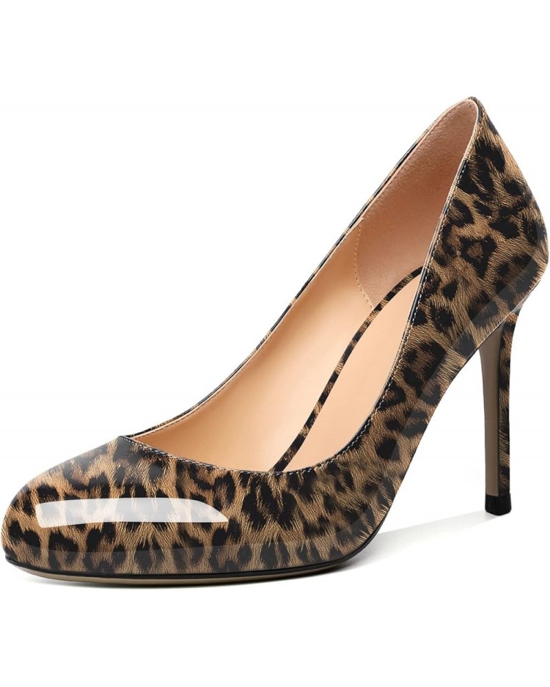 Women Casual Patent Round Toe Pumps Stiletto High Heel Slip On Evening Wedding Dress Shoes 3.4 Inch Leopard $26.64 Pumps