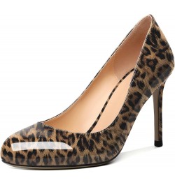 Women Casual Patent Round Toe Pumps Stiletto High Heel Slip On Evening Wedding Dress Shoes 3.4 Inch Leopard $26.64 Pumps