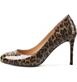 Women Casual Patent Round Toe Pumps Stiletto High Heel Slip On Evening Wedding Dress Shoes 3.4 Inch Leopard $26.64 Pumps