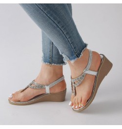 Fuzzy S Women Sandals Summer Bohemian Rhinestone Sandals Ethnic Style Flip Flops Thick Soled Wedge Beach Girls Go Walk Silver...